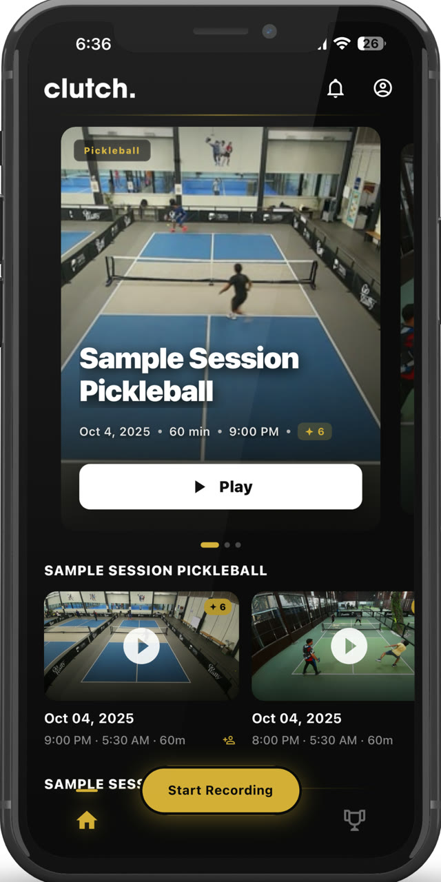 Clutch Player app home screen with recorded pickleball sessions and a Start Recording button