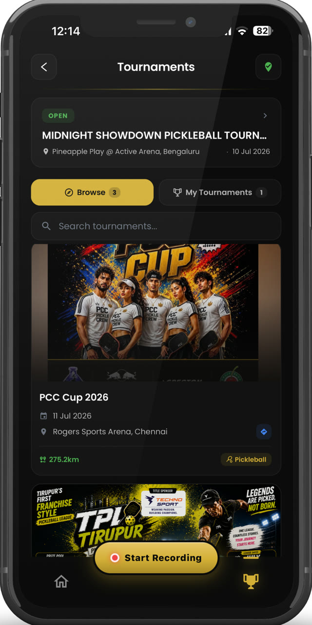 Clutch Player app tournaments screen with open registrations