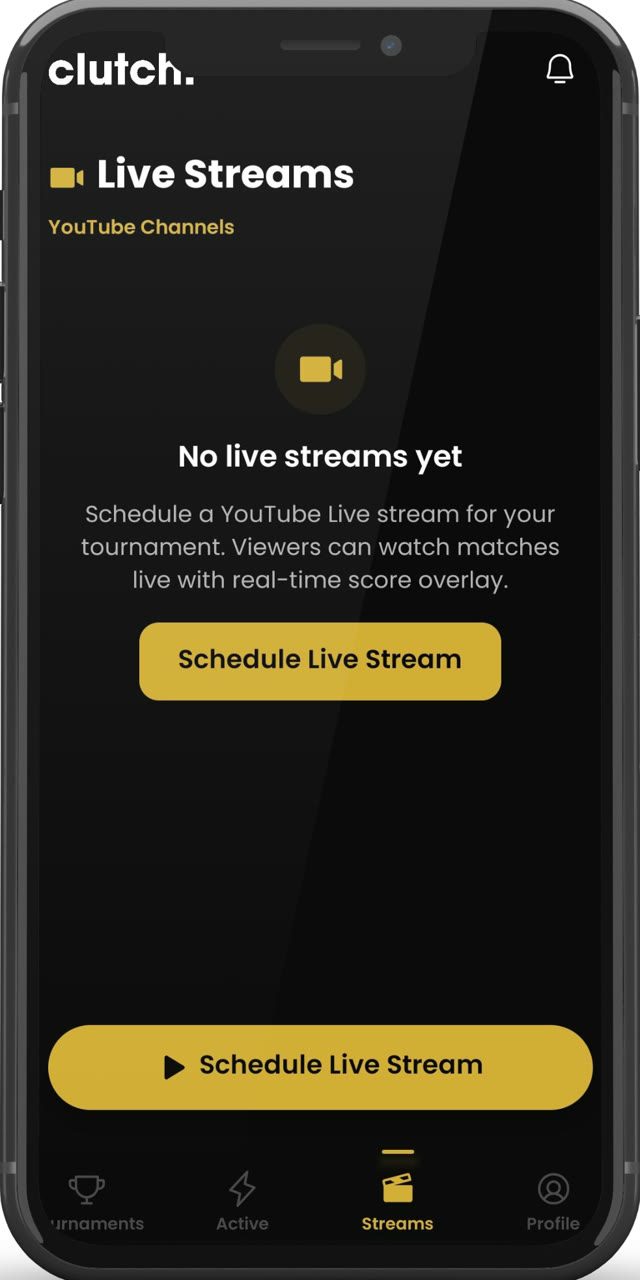 Clutch Organiser app live stream scheduling screen