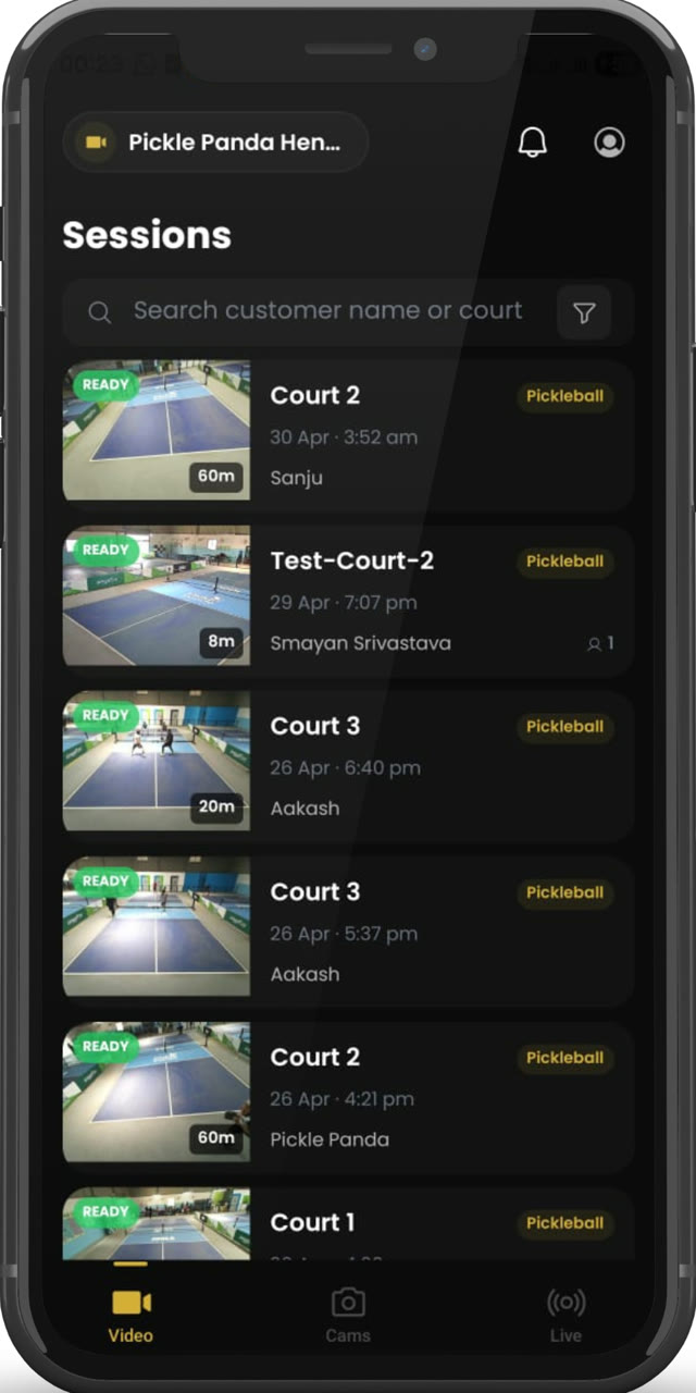 Clutch Venue app sessions list showing recordings across courts
