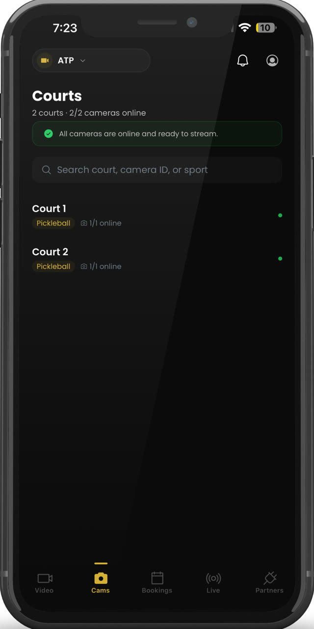 Clutch Venue app courts screen with all cameras online